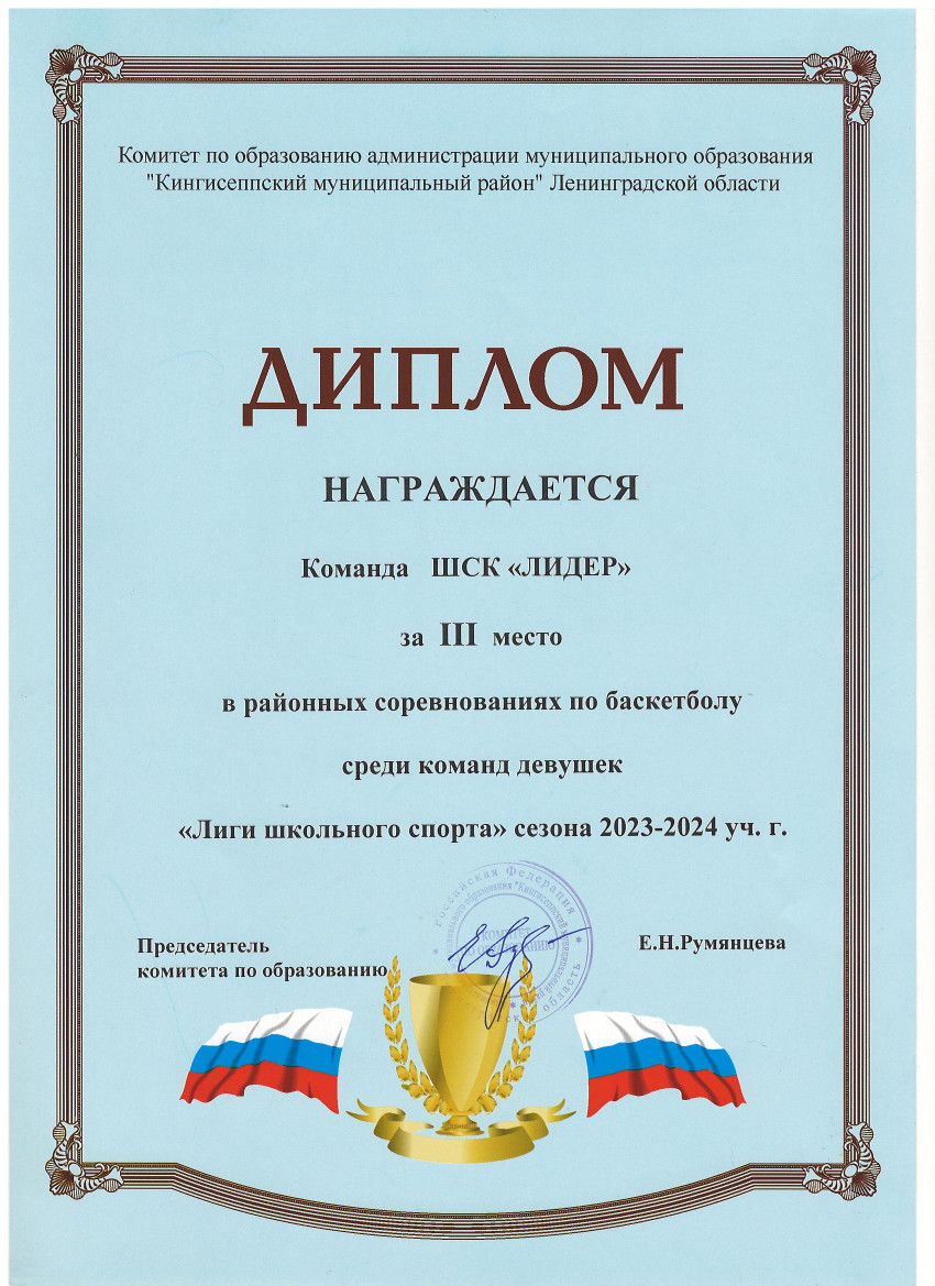 Диплом за 3 место в районных соревнованиях по баскетболу среди команд девушек 2023-2024.